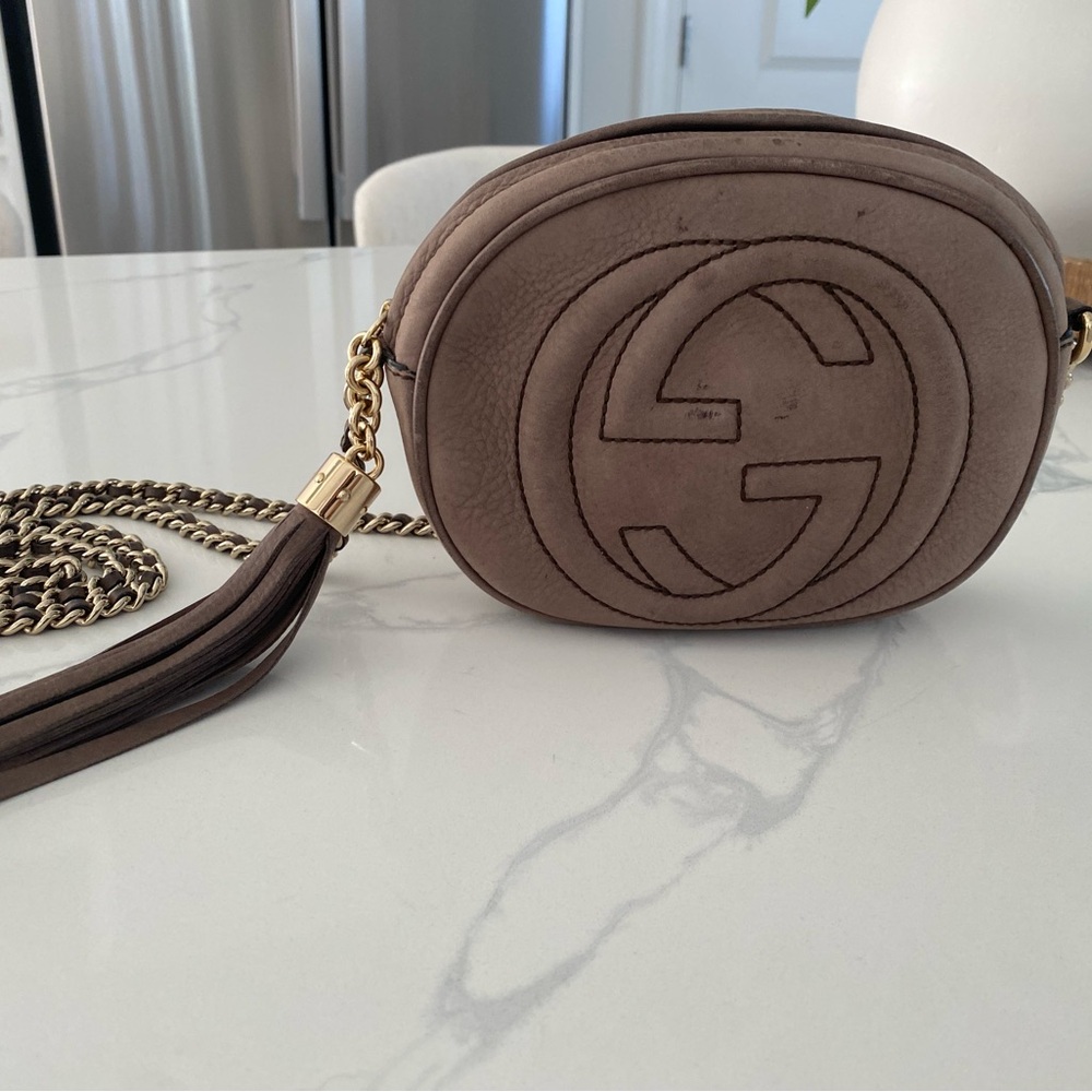 Gucci Brown Crossbody Bag with Embossed Logo and Gold Chain